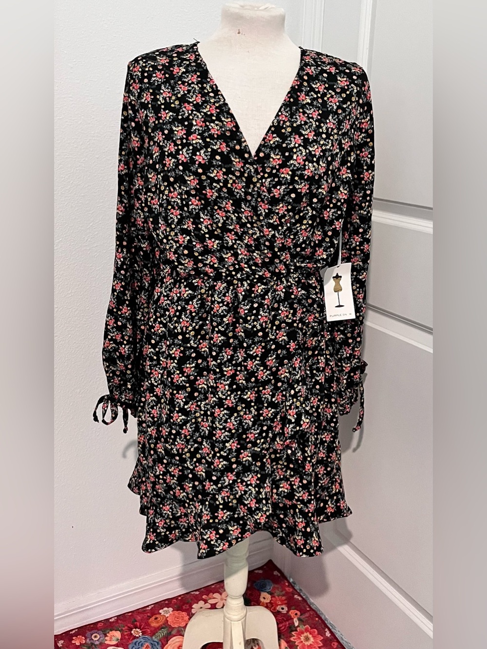 Purple Snow Black Long Sleeve Floral Wrap Dress with Pink & Cream Blossoms
